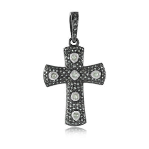 Rose Cut Polki Diamond Pave 925 Silver Cross 18" Link Chain Pendant PEMJOS-783