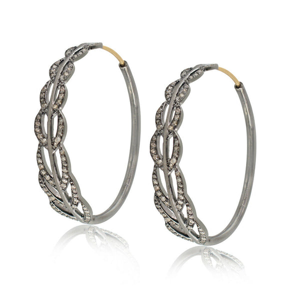 Natural Pave Diamond 925 Silver Gold Handmade Hoop Earrings Jewelry EAMJ-708