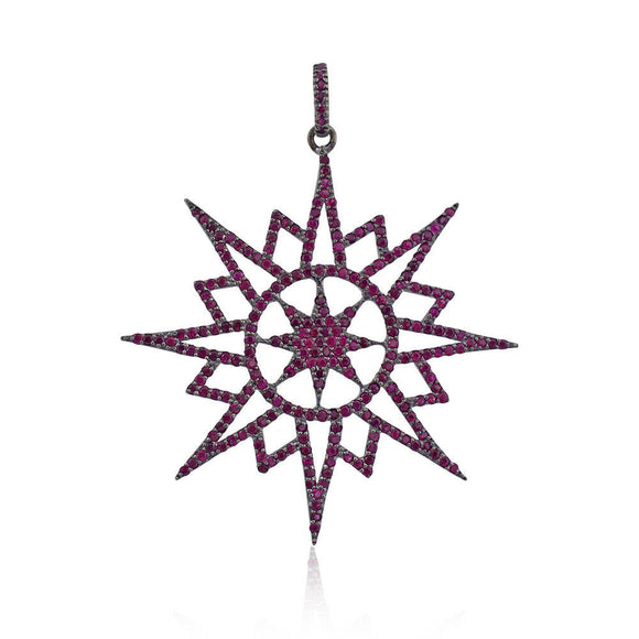 925 Sterling Silver Natural Pave Ruby Gemstone Starburst Charms Pendant Jewelry