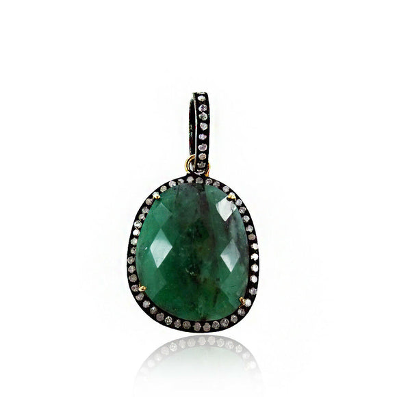 925 Sterling Silver Green Emerald Gemstone Pave Diamond Handmade Pendant Jewelry