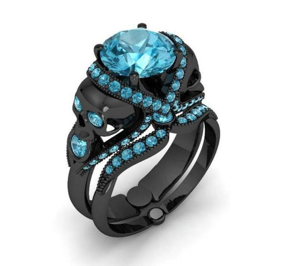 2.80 Ct Blue Round Skull Engagement Ring Wedding Band Set Black Sterling Silver