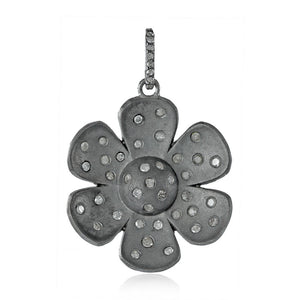 925 Solid Silver Flower Natural Diamond 18" Chain Pendant Jewelry PEMJOS-753