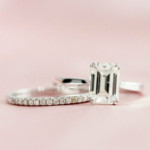 1.50 Ct White Emerald Cut Moissanite Engagement Ring Sets 925 Sterling Silver