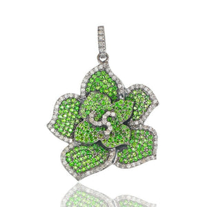 Genuine Chrome Diopside Diamond 925 Silver Flower 18" Chain Pendant PEMJ-746