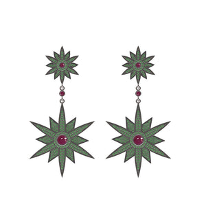 5.34cts Natural Pave Chrome Diopside Ruby Starburst Earrings 925 Silver Jewelry