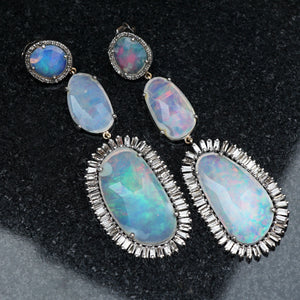 Natural Opal Baguette Diamond 925 Silver Gold Dangle Earrings Jewelry EAMJ-1137