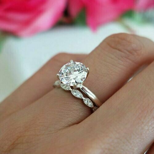 1.83 Ct Brilliant Cut Moissanite Classic Engagement Ring Set 14k White Gold