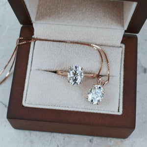 14K Rose Gold Plated Ring and Pendant Set For Engagement Oval Cut Moissanite