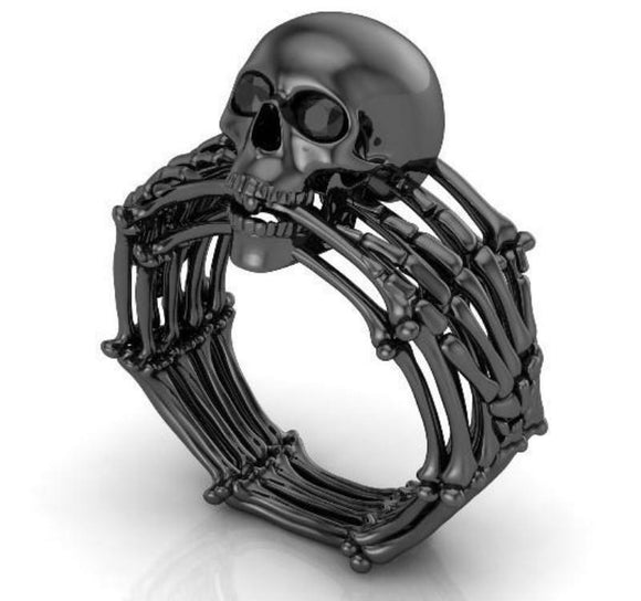 Vintage Black Skull Skeleton Hand Ghost Mark Engagement Ring 925 Sterling SilverListed for charity