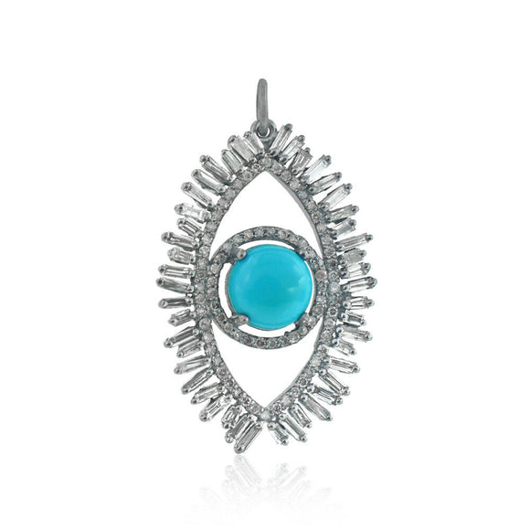 Blue Turquoise Baguette Diamond 925 Silver Evil Eye Pendant Jewelry PEMJ-993