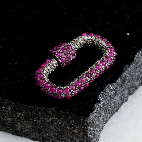 Genuine Pave Diamond Turquoise Ruby Carabiner Lock Finding 925 Silver Jewelry