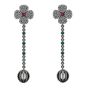 Natural Pave Diamond Earrings Flower Beads Ruby Emerald 925 Solid Silver Jewelry