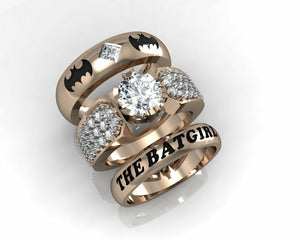 Unique Batman Batgirl Rose Gold Engagement Wedding Ring Set 925 Sterling Silver