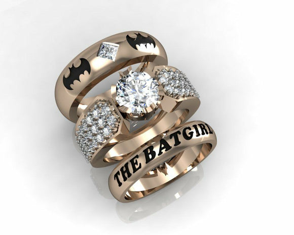 Unique Batman Batgirl Rose Gold Engagement Wedding Ring Set 925 Sterling Silver