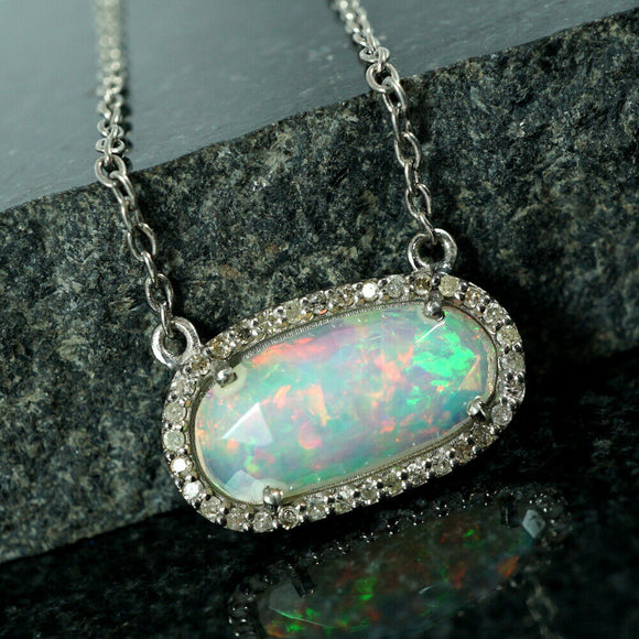 Natural Diamond Pave Ethiopian Opal Pendant Necklace 925 Silver Gemstone Jewelry