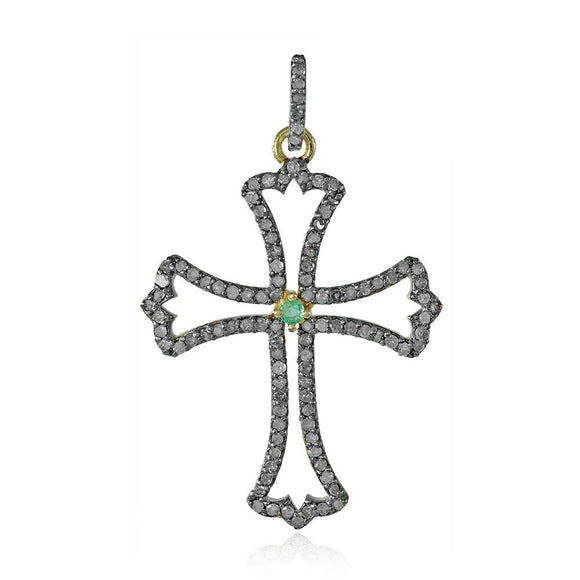 Christmas Gifts Natural Pave Diamond Emerald 925 Silver Cross Pendant PEMJOS-763