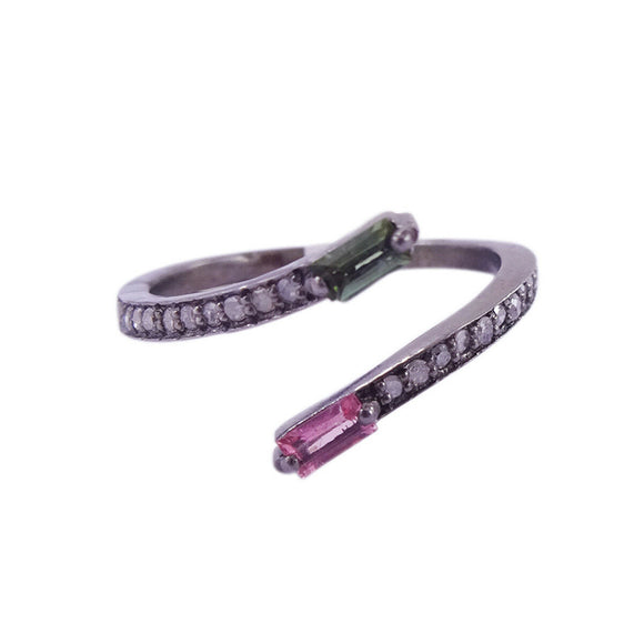 Natural Multi Tourmaline Pave Diamond 925 Solid Silver Ring Jewelry Sz 7 RI-212