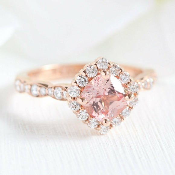 Solid 14K Rose Gold 1.00 CT Pich Pink Cushion Cut Moissanite Ring