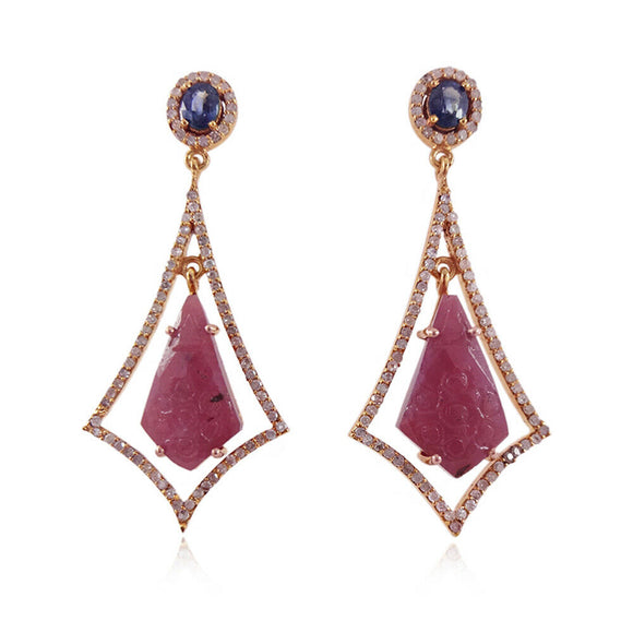 Natural Pink Ruby Carving Sapphire 14k Yellow Gold Pave Diamond Earrings Jewelry