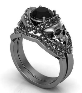 1.7 Ct Black Round Skull Couple Engagement Ring Wedding Band Set Sterling Silver