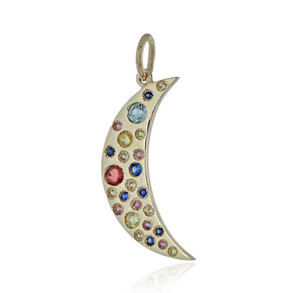 14k Yellow Gold Natural Multi Sapphire Crescent Moon Pendant Religious Jewelry