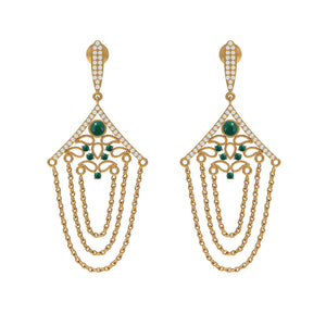 14kt Yellow Gold Natural Pave Diamond Emerald Link Chain Dangle Earrings Jewelry