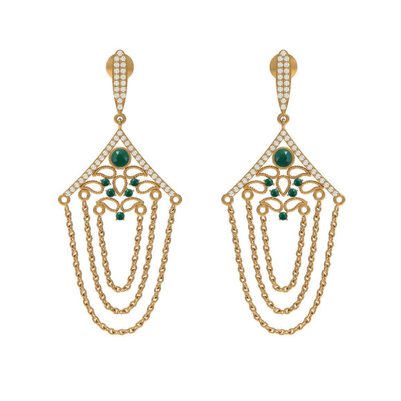 14kt Yellow Gold Natural Pave Diamond Emerald Link Chain Dangle Earrings Jewelry