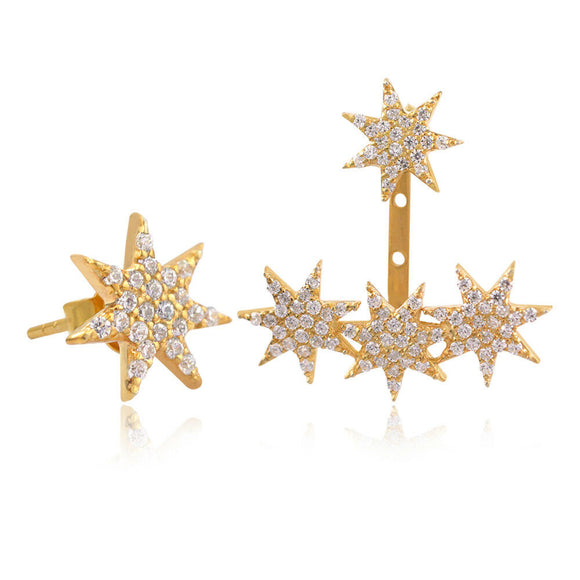 925 Silver Gold Plated White Cubic Zircon Star Ear Cuff Earrings Jewelry EC-61Y