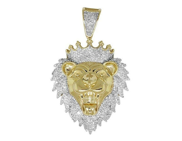 Lion Head Pendant Kings Crown Diamond Studded Men HipHop Style Solid Silver