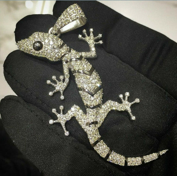 HipHop Style Pendant LIZARD reptiles Diamond Studded Solid 925 Sterling Silver