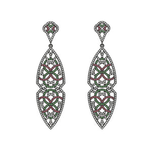 925 Silver Natural Pave Diamond Ruby Chrome Diopside Dangle Earrings Jewelry