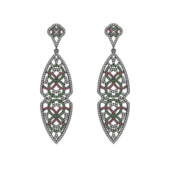 925 Silver Natural Pave Diamond Ruby Chrome Diopside Dangle Earrings Jewelry