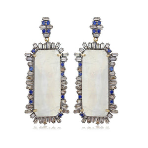 Rainbow Moonstone Diamond Baguette Sapphire 925 Silver Dangle Earrings EA-784