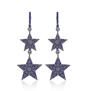 Genuine Blue Sapphire Star Dangle Earrings 925 Solid Silver Christmas Jewelry