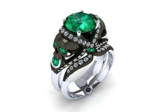 2.80 Ct Green Round Cut Black Skull Engagement Ring Wedding Set Sterling Silver