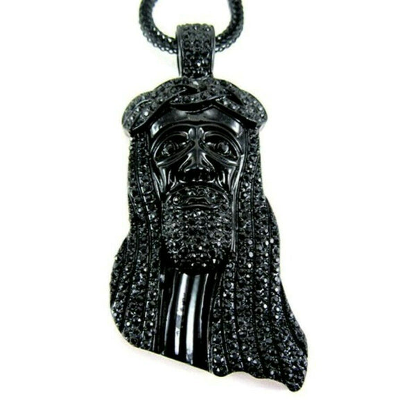 Lucky Pendant HipHop Style Jesus black Diamond Studded Solid Sterling Silver925