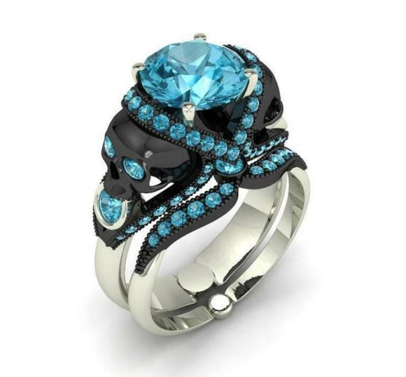 Black Skull 2.80 Ct Blue Round Engagement Ring Wedding Band Set Sterling Silver