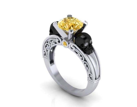 1.40 Ct Yellow Round Cut Black Skull Engagement Wedding Ring 925 Sterling Silver