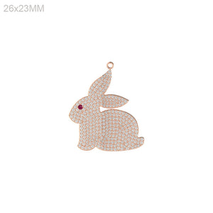 Genuine Pave White Diamond Pink Ruby 14k Rose Gold Rabbit Charm Pendant Jewelry