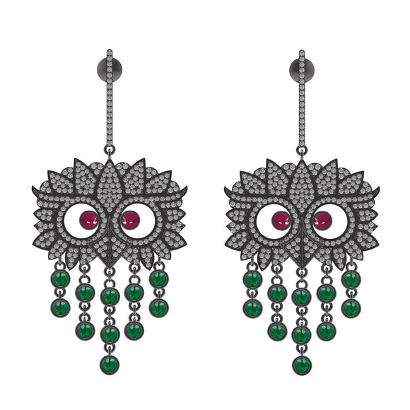 2.76cts Natural Ruby Emerald Pave Diamond 925 Silver Owl Chandelier Earrings