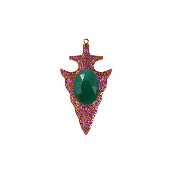 14k Yellow Gold Natural Green Emerald Ruby Gemstone Arrowhead Pendant Jewelry