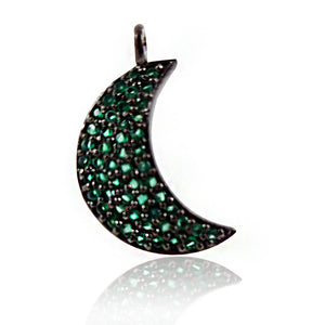 Natural Pave Emerald Crescent Moon Charms 925 Silver 18" Chain Pendant Jewelry