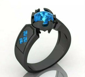 Batman Engagement Ring Men Women Wedding Ring blue stone studded full black 925