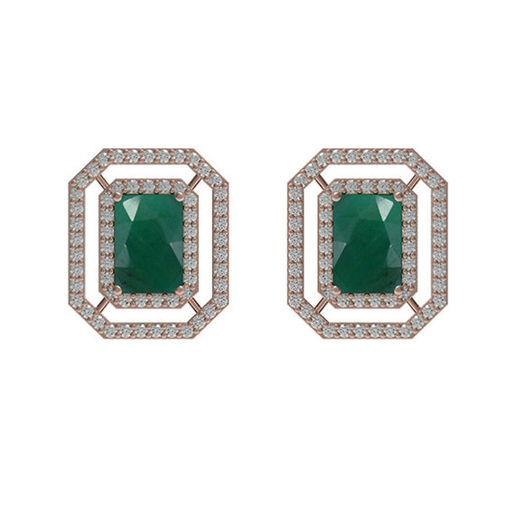 14k Rose Gold Pave Diamond Green Emerald Gemstone Stud Womens Earrings Jewelry