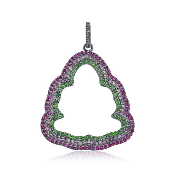 925 Solid Silver Pave Diamond Ruby Chrome Diopside Buddha Pendant Jewelry GIFTS