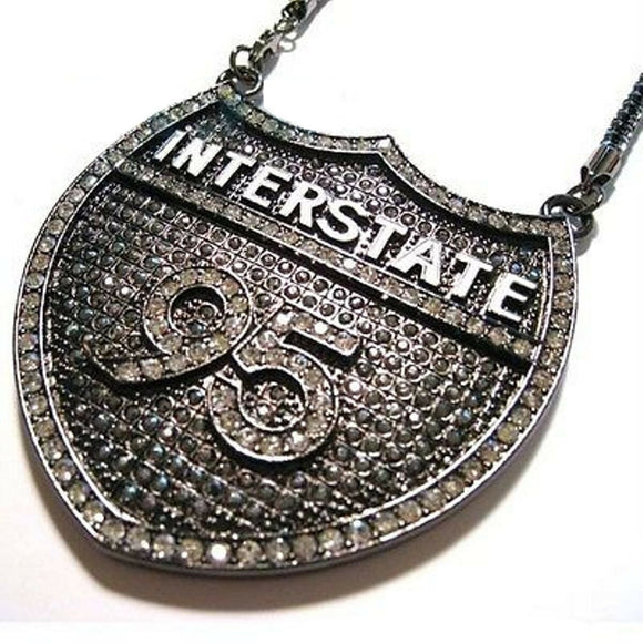 HipHop Style Black Diamond Pendant Interstate 95 Statement Solid Sterling Silver